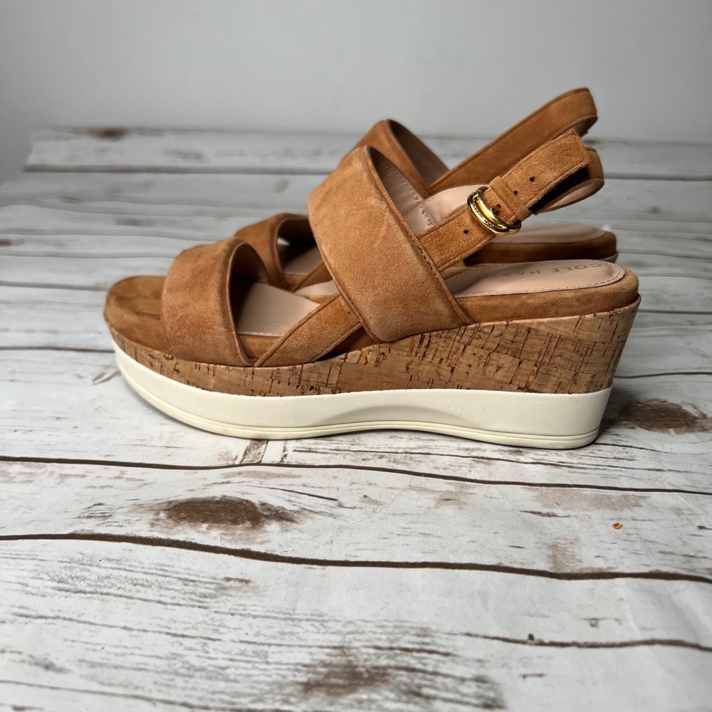 Cole Haan Platform Wedge Sandals Tan Suede Cork Grand.OS W31718 5.5B